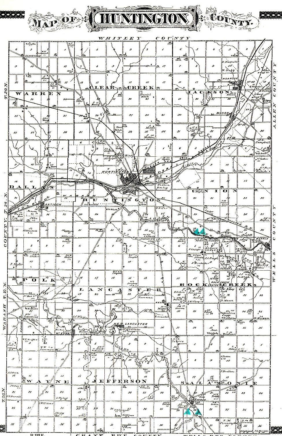 Historic Huntington County Map Showing the Locations of Burial Mounds in the County