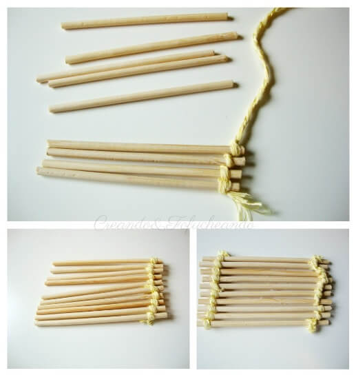 anudamos los palos de brocheta con hilo para hacer nuestra base del homenaje al verano