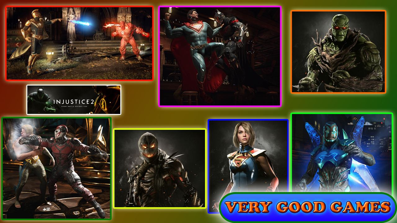 A banner with screenshots of Injustice 2 - a fighing game for PS4 and Xbox One game consoles