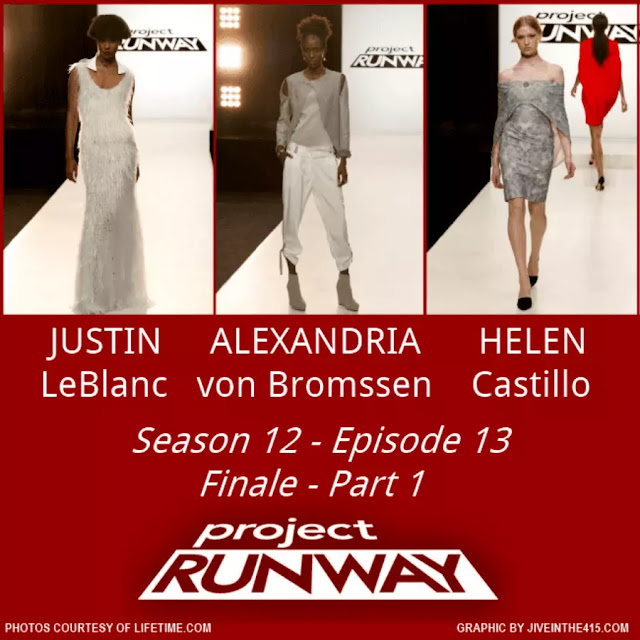 Three looks from Lifetime's "Project Runway" Season 12 - Episode 13 fashion designers Justin LeBlanc, Alexandria von Bromssen, and Helen Castillo. 