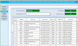 Halaman Surat Masuk Aplikasi Excel Agenda dan Arsip Surat versi 2