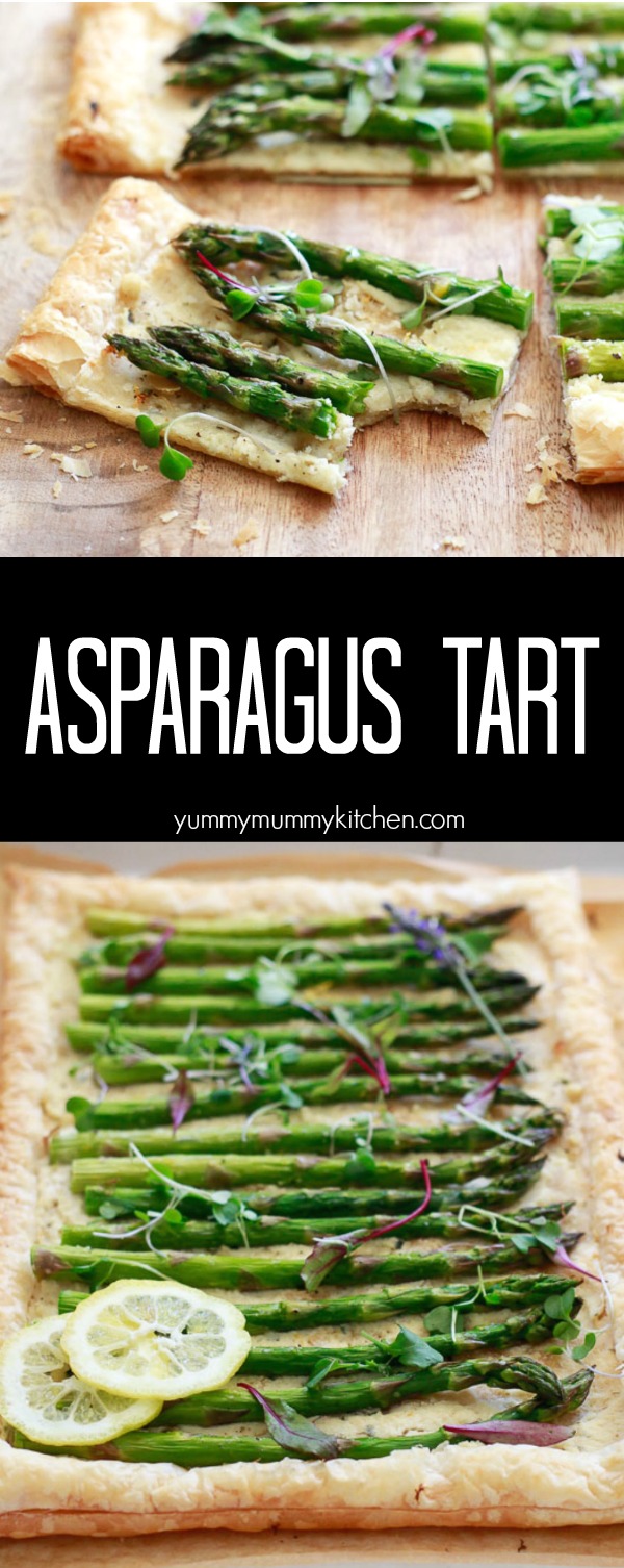An easy asparagus tart with puff pastry, lemon, goat cheese style spread, and microgreens. This asparagus tart is perfect for spring, Easter, and Mother's Day! With gluten-free and vegan options, this is a delicious and easy party appetizer. 