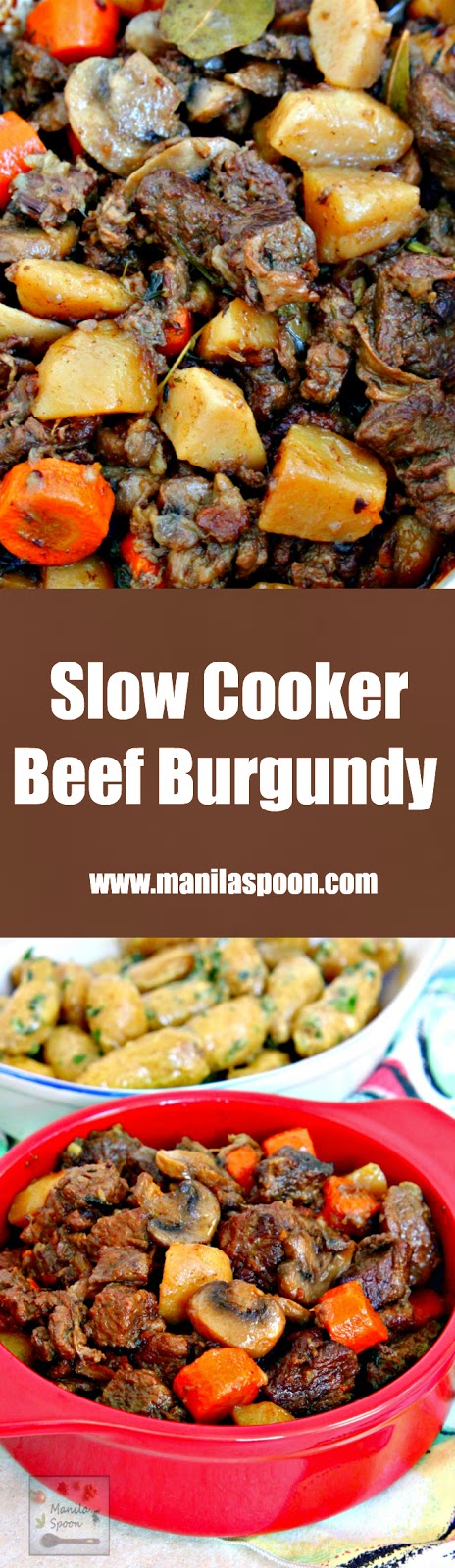 Beef chunks are simmered in red wine in the slow cooker and results in a melt-in-your-mouth delicious stew! Make this crockpot version of the classic French stew - Beef Burgundy (Boeuf Bourguignon) in the morning and enjoy it for dinner. | manilaspoon.com