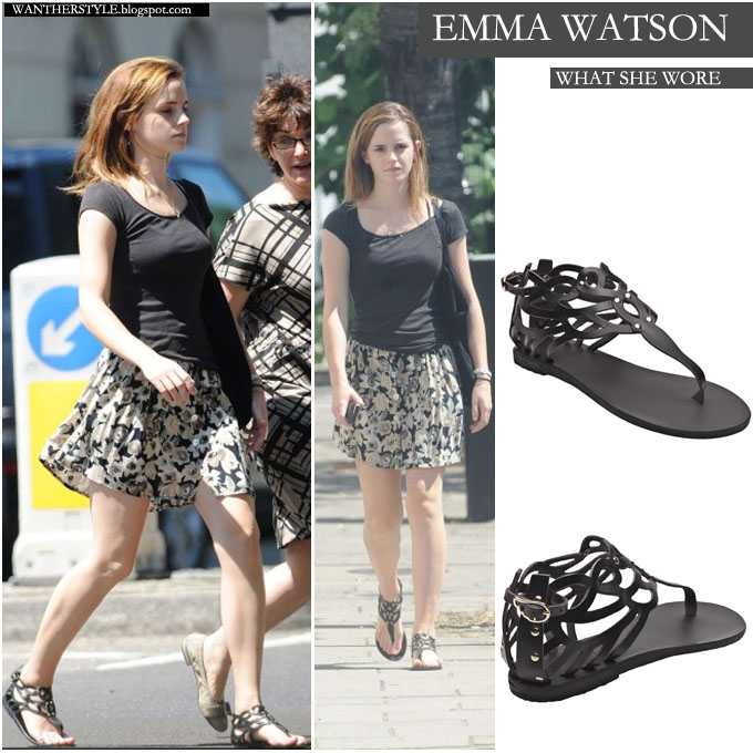 WHAT SHE Emma Watson in floral print skirt with black strappy sandals in London on July 19 ~ I want her style - What wore and where to buy