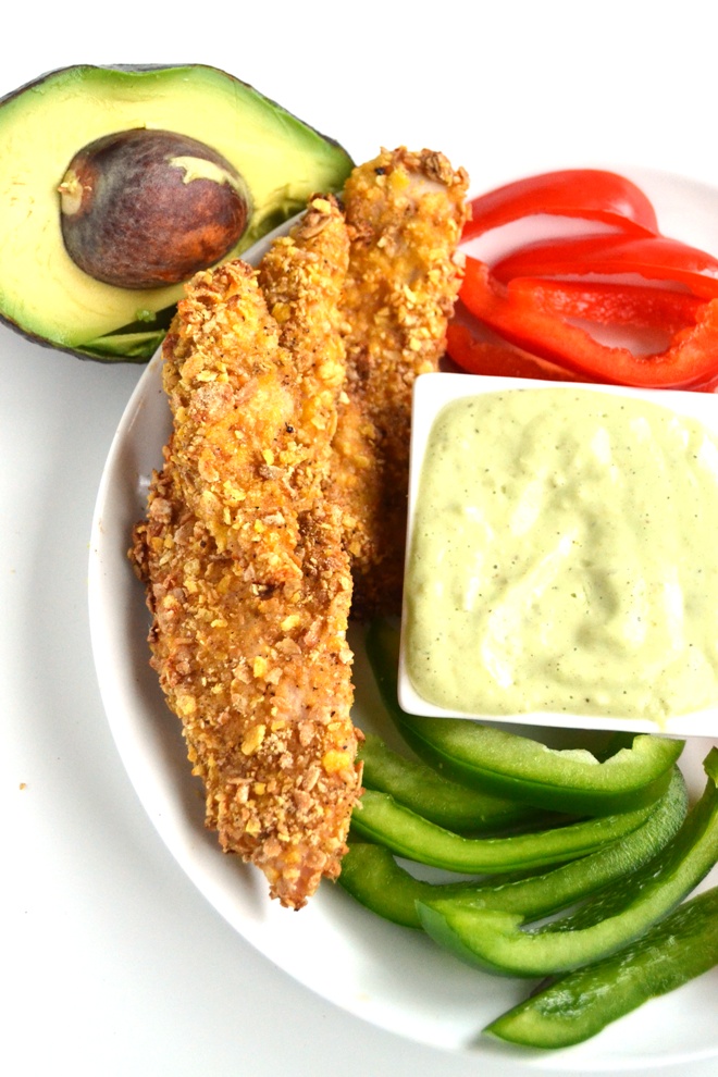 Baked Chicken Tenders with Avocado Jalapeno Dipping Sauce The