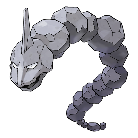 Imagen de Onix, Pokemon gusano de piedra, de color gris, y cuyo cuerpo está compuesto de rocas más o menos redondas.