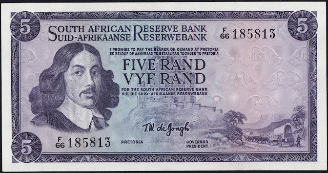 South African Currency 5 Rand banknote 1967 Jan van Riebeeck
