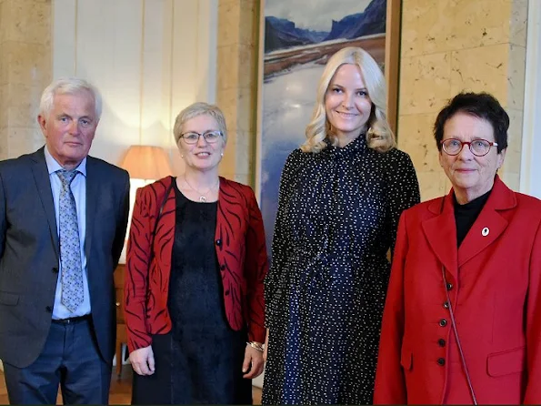 Princess Mette Marit wore Valentino tweed floral print dress, By Ti Mo printed dress, diamond earrings