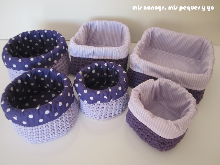 mis nancys, mis peques y yo, tutorial DIY funda cestas, juego de tres cestas de trapillo redondas y cuadradas