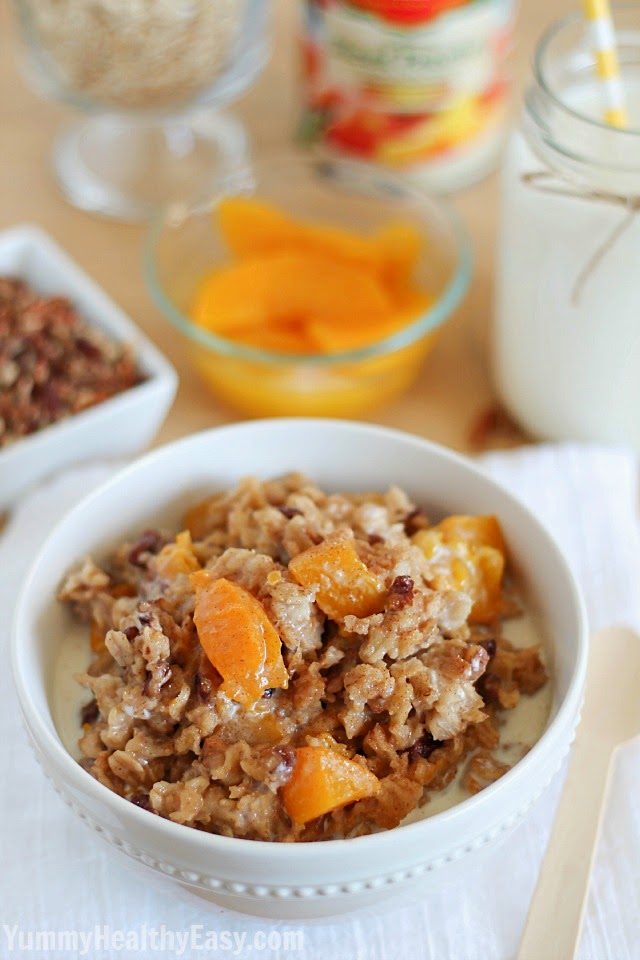 Check out this incredibly easy and healthy Slow Cooker Peach Oatmeal recipe! Breakfast in the crock pot!