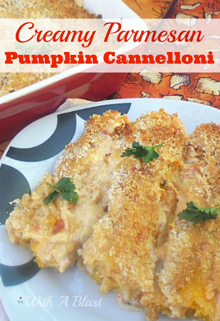Delicious pumpkin filled cannelloni baked in a creamy tomato sauce and a crunchy topping #MeatlessDish #SideDish #PumpkinRecipe #Cannelloni