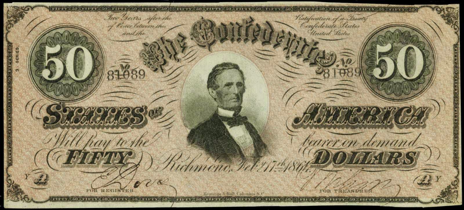 Confederate Paper Money 50 Dollar Bill 1864 Jefferson