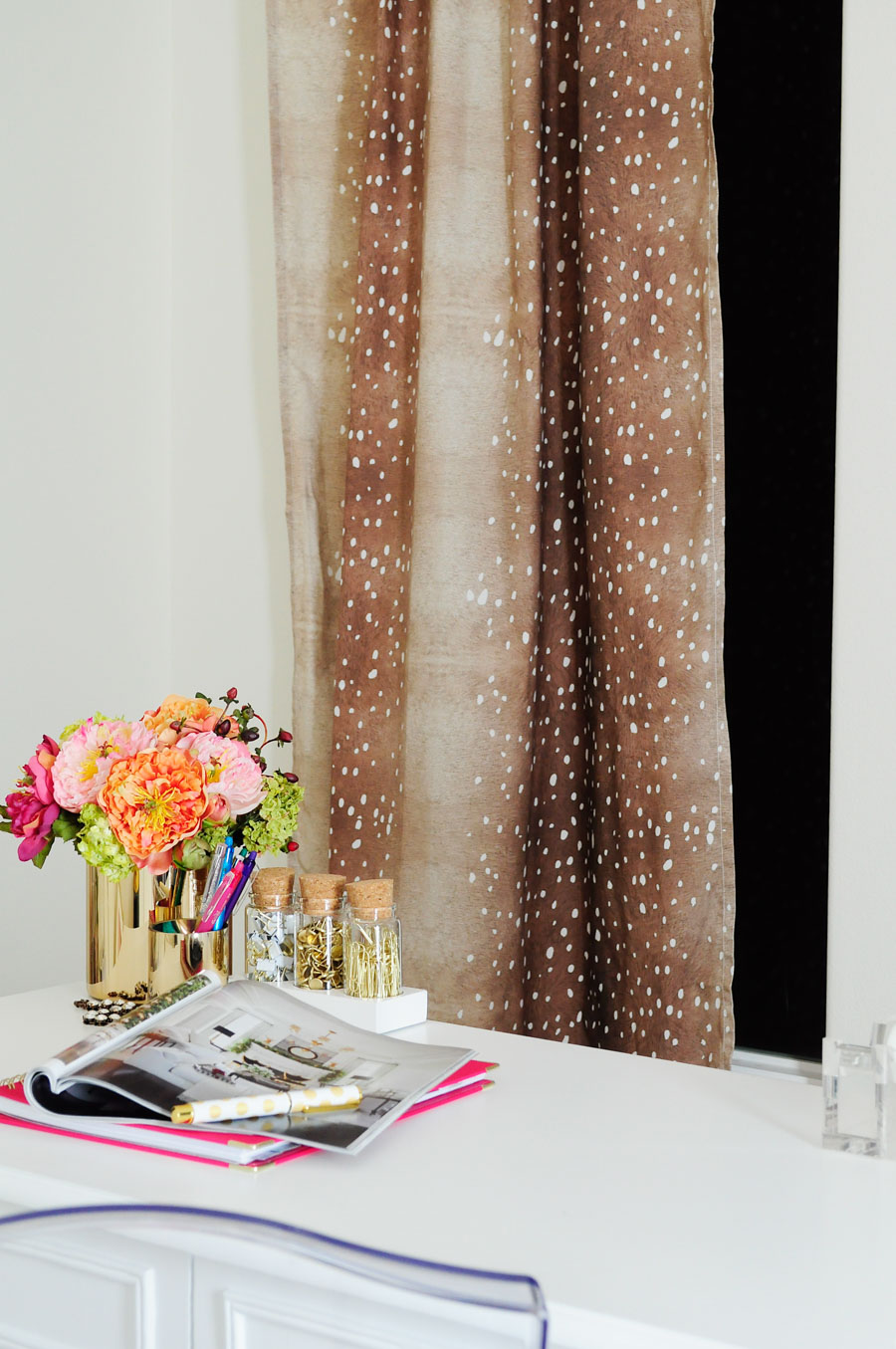Minted's Trompe L'Oeil Fawn curtains look fabulous in this chic white and gold feminine home office. Minted's Trompe L'Oeil Fawn curtains look fabulous in this chic white and gold feminine home office.