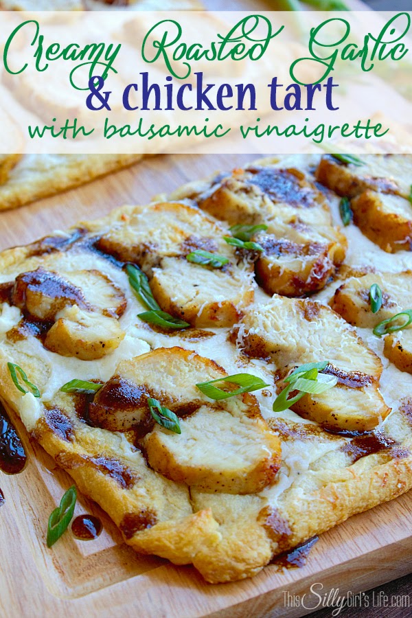 http://thissillygirlslife.com/2014/02/creamy-roasted-garlic-chicken-tart-balsamic-vinaigrette/