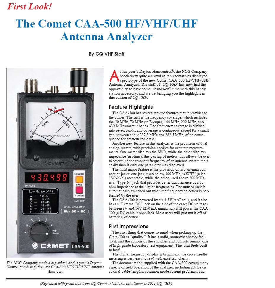 RF for Amateur Hobbies COMET CAA500 HF/VHF/UHF Antenna Analyzer