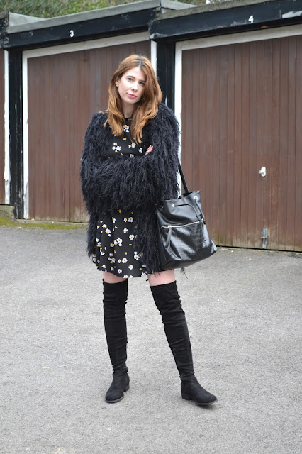 Black floral dress from primark with Thigh high black suede boots from public desire with Vintage black faux fur coat. Affordable blogger fashion blog.