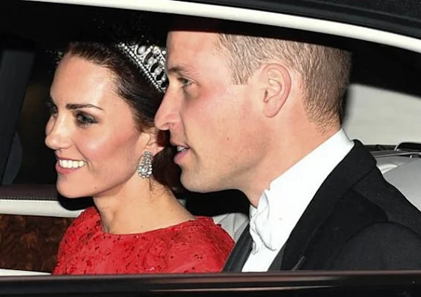 Duchess Catherine Kate Middleton wore Jenny Packham sparkling cap-sleeve for Diplomatic Corps dinner. Diamond Tiara, Diamond earrings