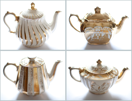 vintage gold and white teapots for hire
