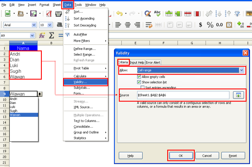 Cara Membuat Dropdown List Berdasarkan Isi Dari Sebuah Range Dalam OpenOffice dan LibreOffice