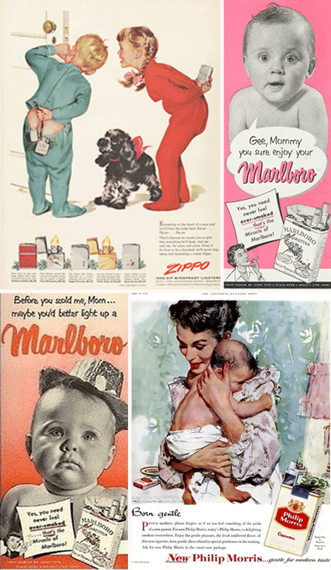 Diversos anúncios de cigarros com crianças e bebês nos anos 50 e 60.
