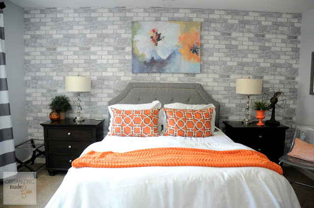 AFTER: Gorgeous gray walls with faux brick wallpaper