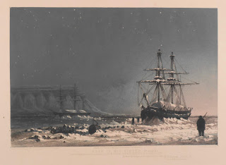 A sailing ship with ice hanging from the mast in ice filled waters