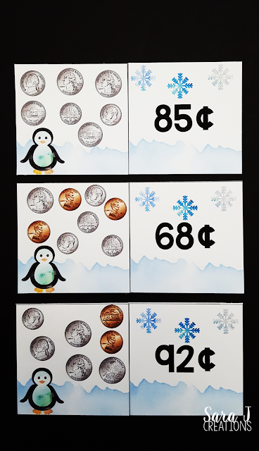 FREE Winter Money Match Puzzles Game. Perfect activity for practicing counting coins. Grab your free printable now! #firstgrade #secondgrade #money #mathcenters #sarajcreations