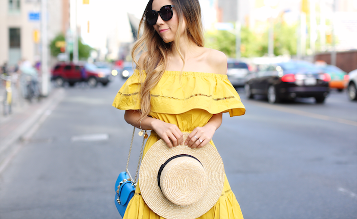 Chicwish off shoulder dress, valentino lock bag, sandals, straw hat, toronto street style, nyc fashion blog, summer style