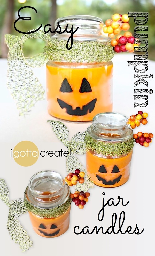 Simply adorable! DIY Jack-o-Lantern jar candles for Fall. #pumpkins #halloween #candles | Tutorial at I Gotta Create!