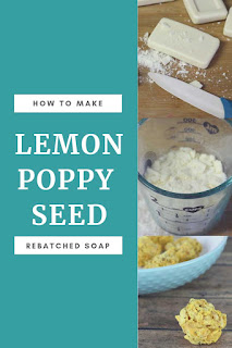 Need soap making ideas? Learn how to make rebatched soap with this easy soap making tutorials.  Making homemade soap with essential oils for your hands or for the bath is easy this way.  You can save soap or buy new soap with this soap making easy ideas.  Get soap ideas with this lemon poppy seed muffin rebatched soap recipe.  #soap handmilled #rebatched #lemon