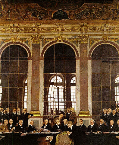 Ilustracción en la que se observa la firma del tratado de Versalles por los Alemanes en 1919