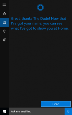 Selesai untuk konfirmasi nama panggilan Cortana baru Windows 10