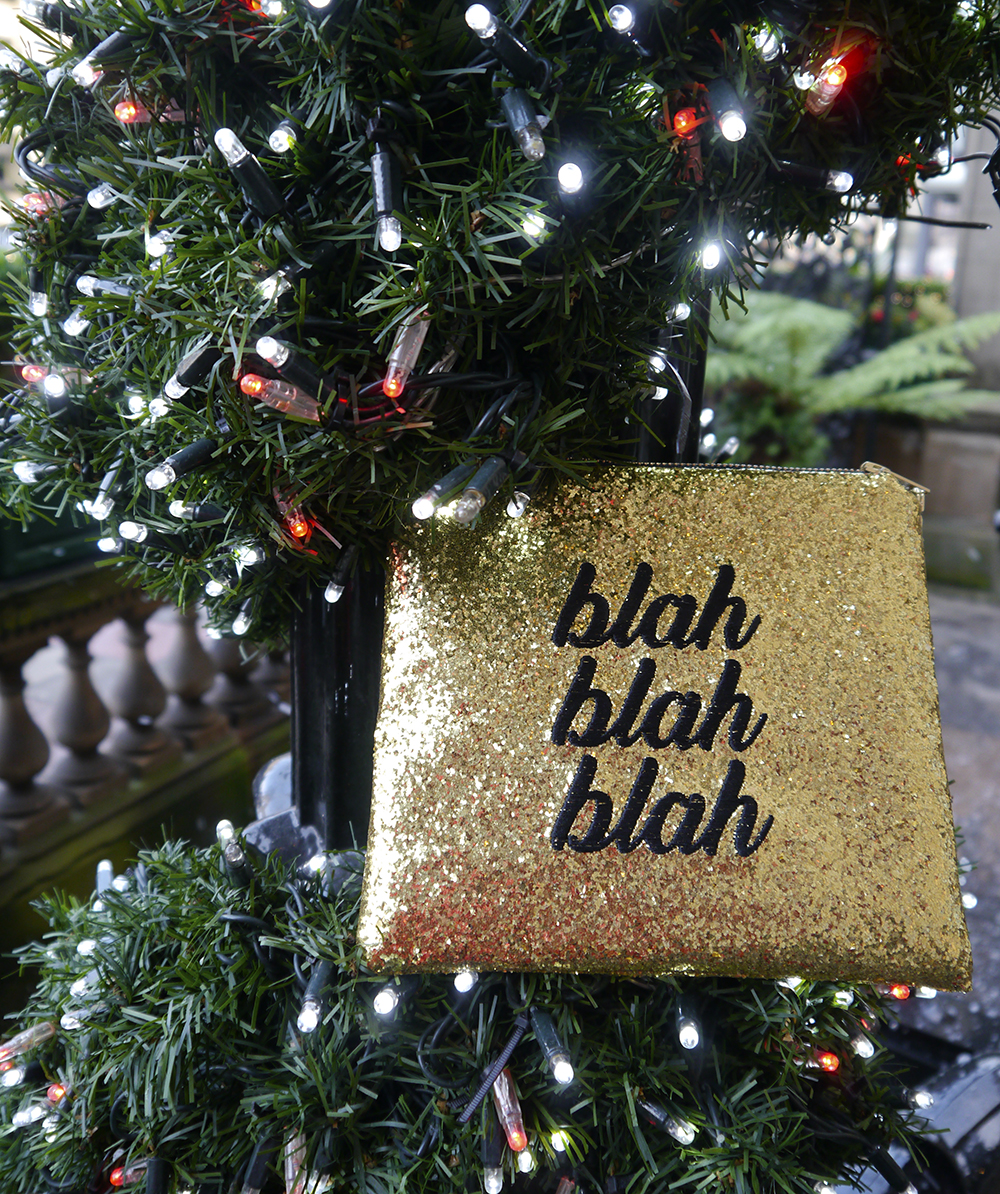 SoS15 blah gold glitter bag christmas gift guide 2016, gold glitter clutch bag, christmas present, christmas tree on george street, the dome edinburgh christmas