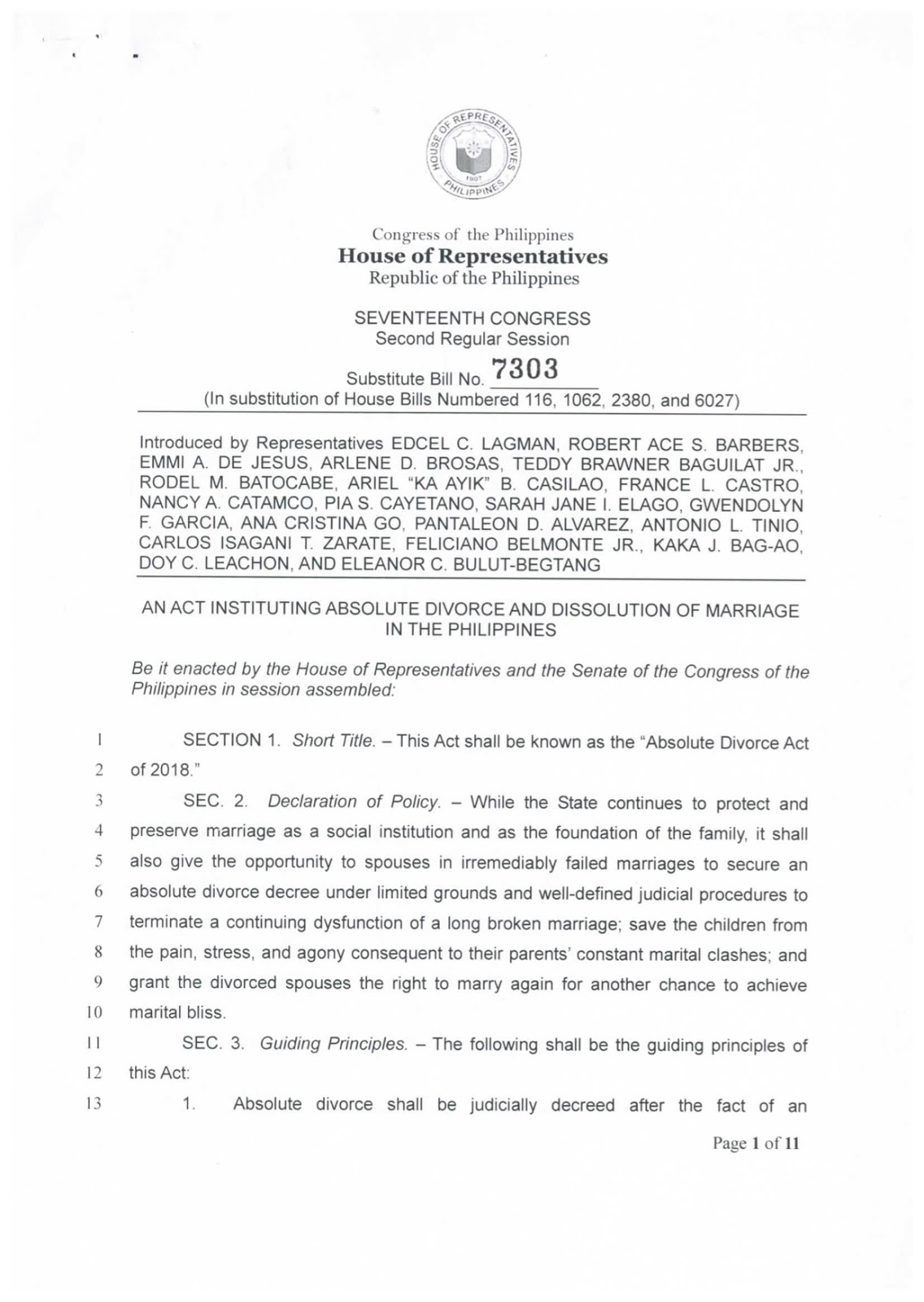 HOUSE BILL 7303 The Absolute Divorce Bill Over a cup of Coffee and a