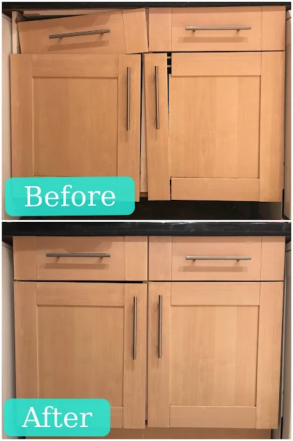 Before and After photographs of a pale wood kitchen cupboard. In the before photo the side is falling off and the door panel is falling off. In the second it is all fixed
