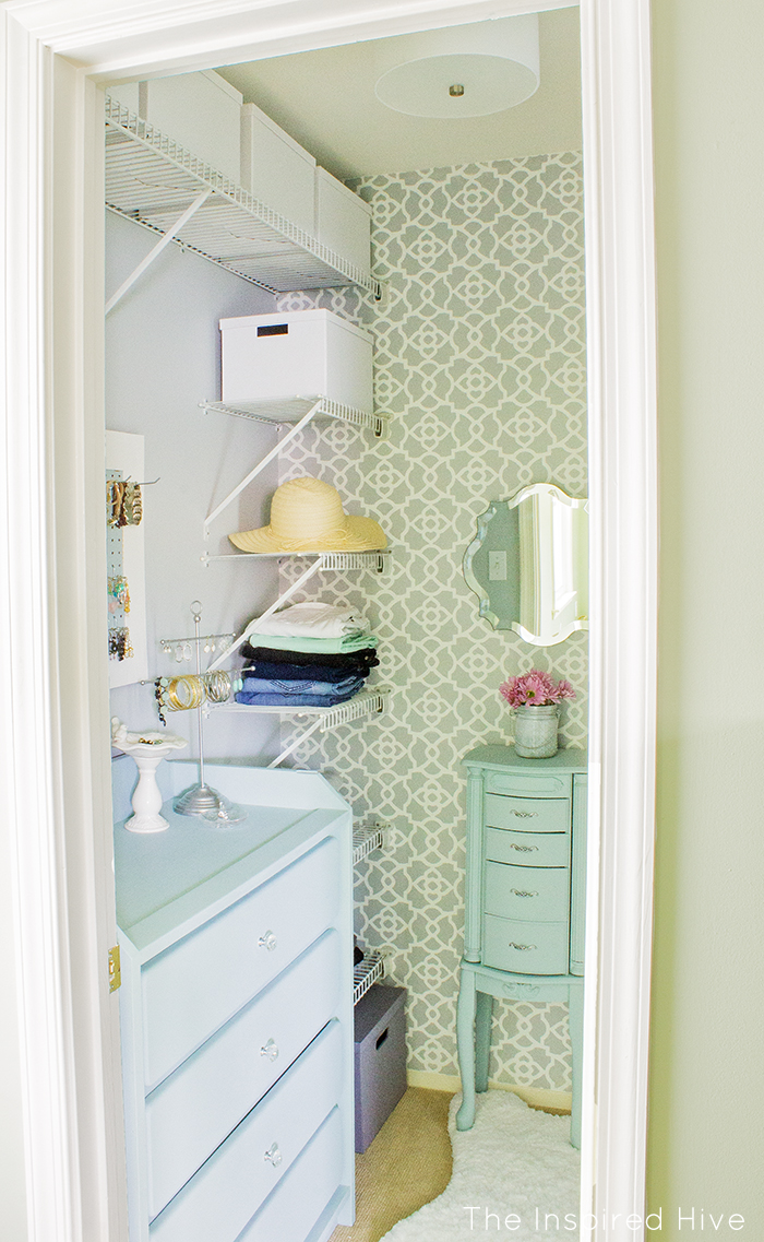 A master bedroom closet gets an easy update with girly details and a few DIY ideas.