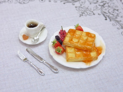 Waffle breakfast plate shown with miniature cup of coffee and cutlery. Handmade by Paris Miniatures - Emmaflam and Miniman