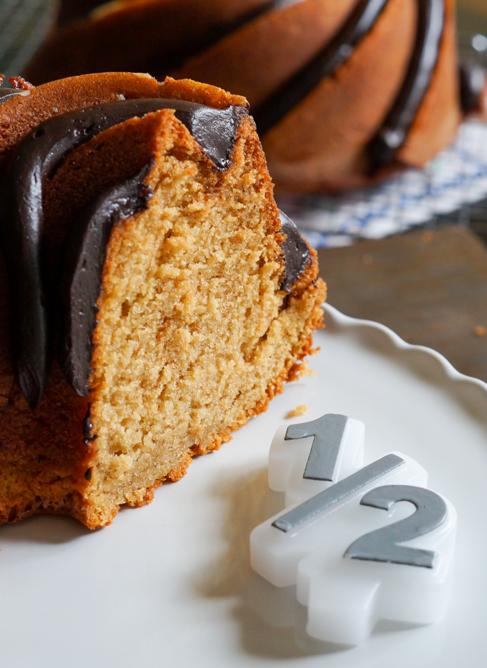 Peanut Bundter Cake with Peanut Butter Fudge Frosting Bake at 350°