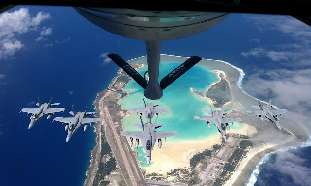 Refueling of Navy F/A-18 Hornets over Wake Island.