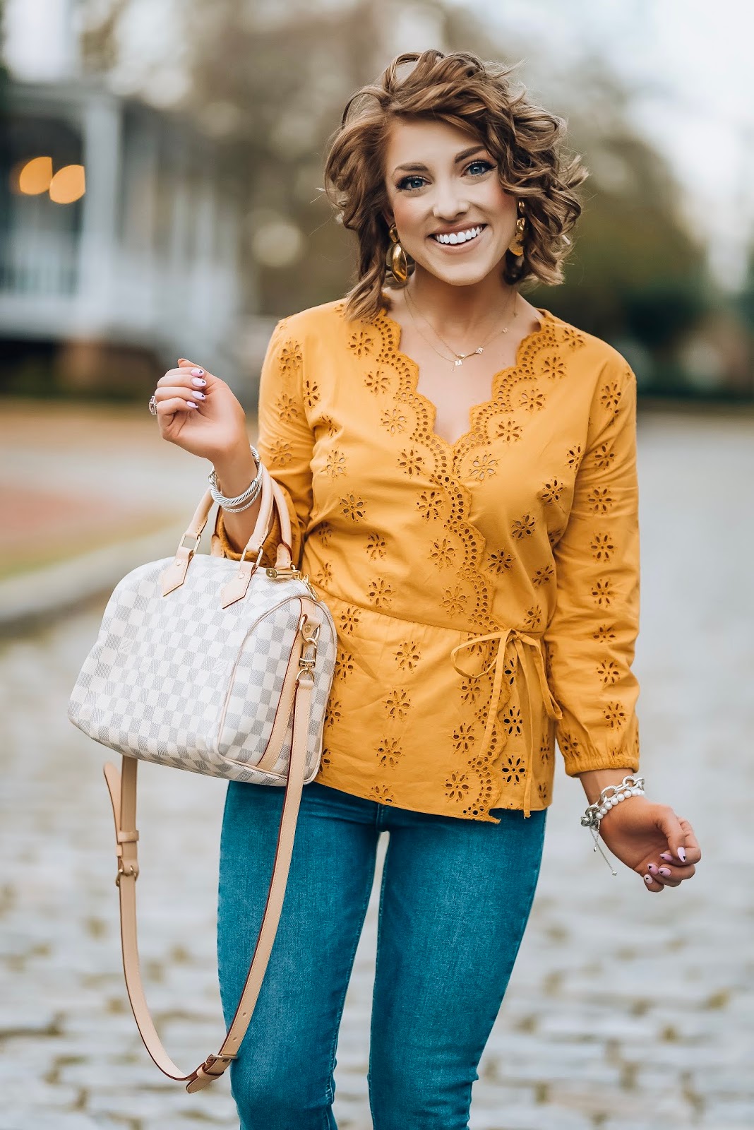 Yellow Scallop Eyelet Wrap Top for Spring + My New Favorite Jeans  - Something Delightful Blog