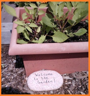 "Welcome to the garden!" is painted onto a river rock, and laid at the entrance beside a container planter.