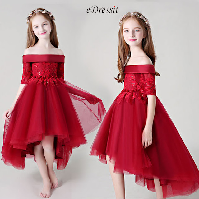 Red Off Shoulder Lace Flower Girl Dress
