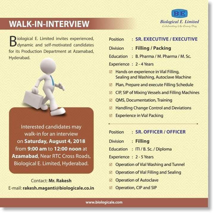 Biological E Limited Walk in for Filling and Packing