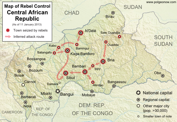 Central African Republic civil war: Map of Séléka rebel advances in December 2012