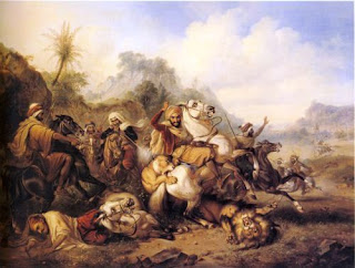 Lukisan Karya Raden Saleh dengan Judul Lion Hunt; Lukisan Karya Raden Saleh dengan Judul Lion Hunt; Medium : Canvas, Oil paint;Tahun Pembuatan : 1840; Dimensi Karya : 119 cm x 89 cm; Deskripsi : Gambar dicuplik dari buku Modern Indonesian Art, From Raden Saleh to the Present Day, tersedia di IVAA Library.