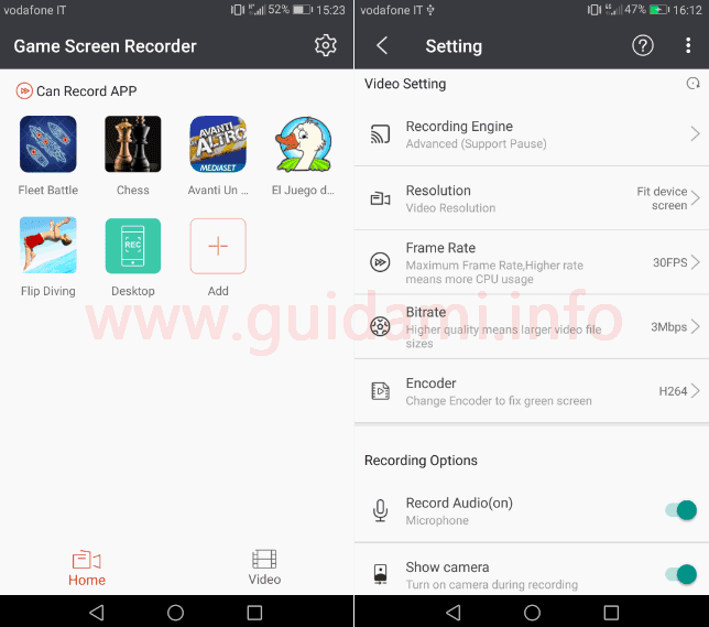 Android app Game Screen Recorder schermata iniziale e impostazioni