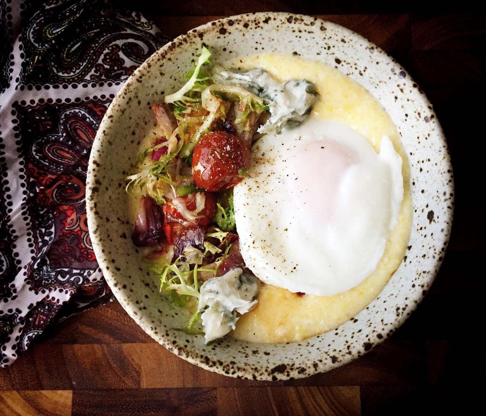 Polenta with Winter Salad, Poached Egg, and Blue Cheese