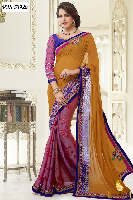 pink yellow color georgette bollywood saree online at lowest price