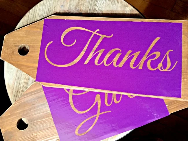 Wooden tags with purple stencil Give Thanks