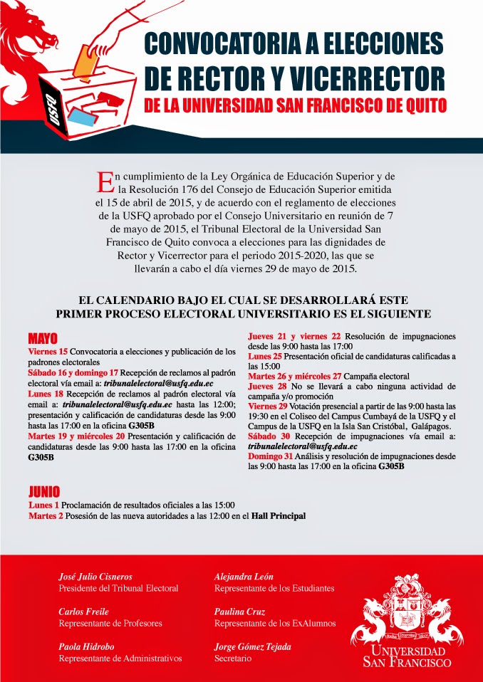 Convocatoria a Elecciones de Rector y Vicerrector de la Universidad San Francisco de Quito